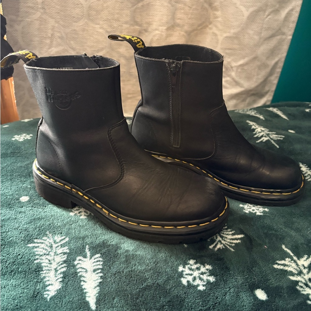 Dr. Martens Black Ankle Boots with Yellow Stitching